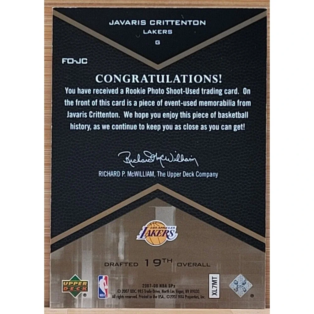 2007-08 SPX‎ JAVARIS CRITTENTON GAME USED RELIC FRESHMEN ORIENTATION LAKERS